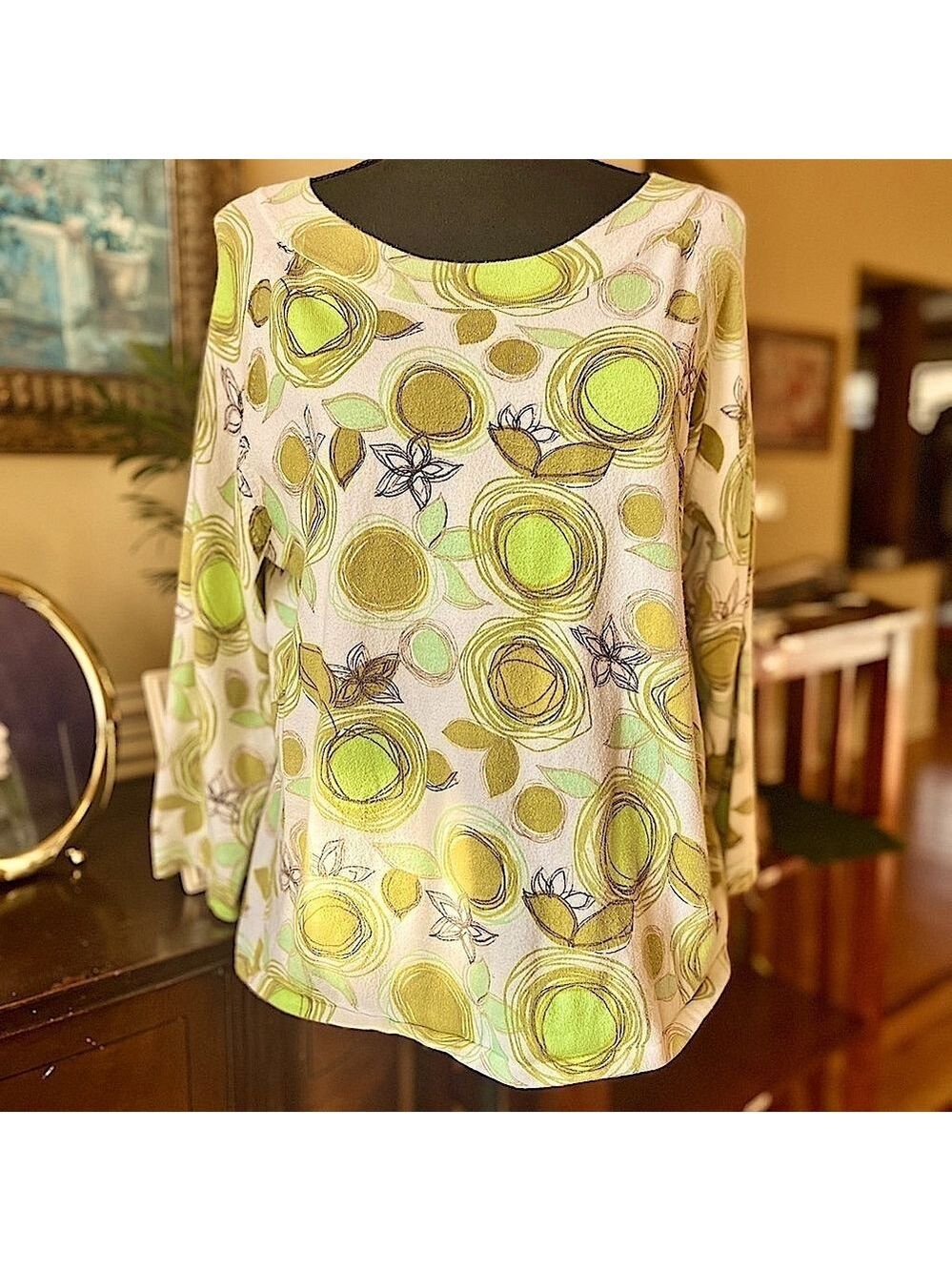Talbots Petite Long Sleeve Top Lime Olive Green White